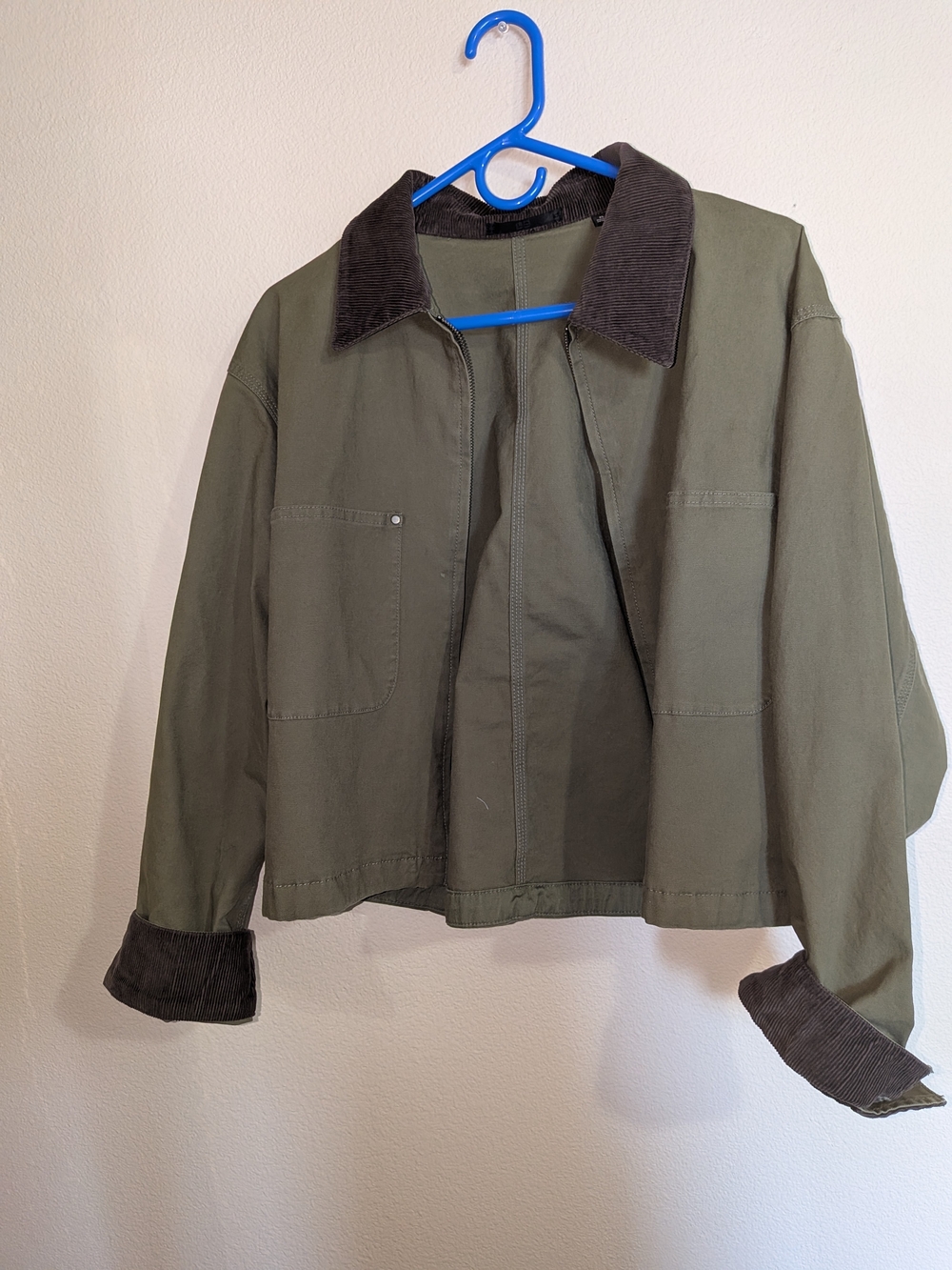 Olive Green Workwear Jacket with Contrast Corduroy Collar